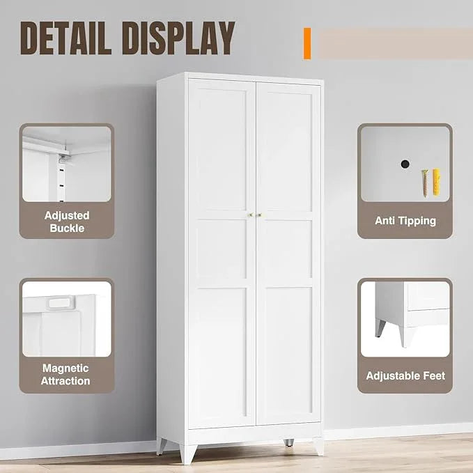 Yizosh Metal Pantry Cabinet, 75" Kitchen Pantry with 2 Door and 4 Adjustable Shelves,White Metal Pantry Storage Cabinet,Cupboard for Kitchen,Dining Room,Living Room and Bathroom - ModernBath