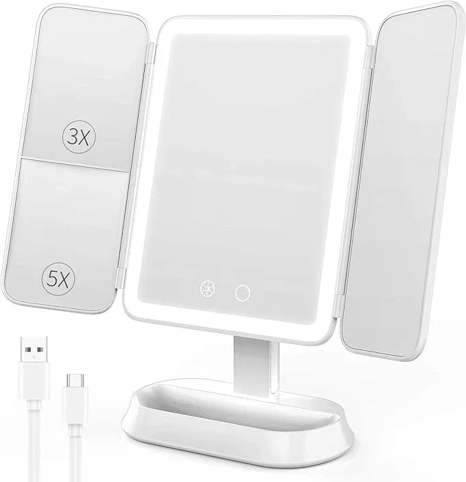 FRANO Vanity Mirror with Lights - Rechargeable Lighted Makeup Mirror | 1X/3X/5X Magnification, Smart Touch, 3 Colors Dimmable | Portable Trifold Mirror for Travel for Women and Girls - ModernBath