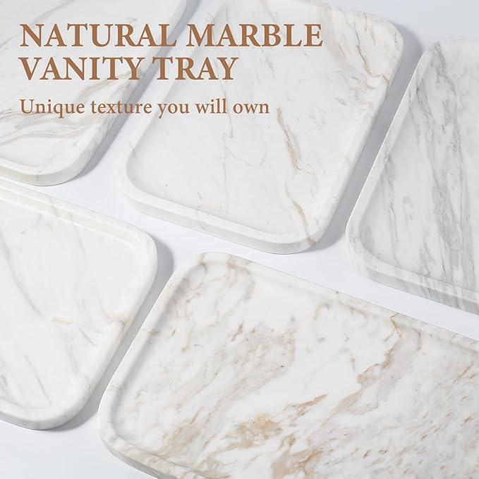 Karibiber Marble Vanity Tray, Marble Bathroom Tray Countertop, Decorative Trays for Dresser Organizer, White Stone Storage Serving Trays for Kitchen, Perfume, Jewelry Cathall Holder - ModernBath