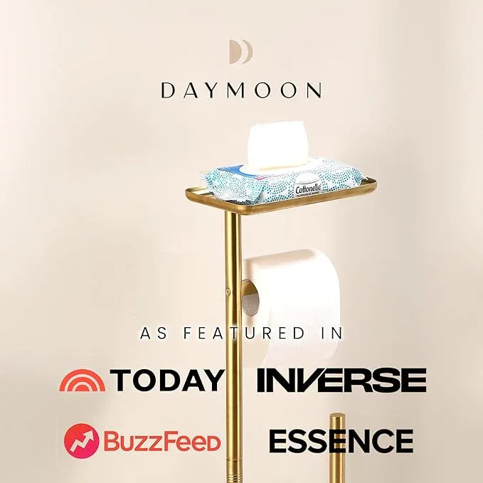 Day Moon™ Gold Toilet Paper Holder Free Standing Toilet Paper Holder with Storage - Toilet Paper Stand and Tissue Holder for Bathroom - Toilet Paper Holder with Shelf and Wipe Holder - ModernBath
