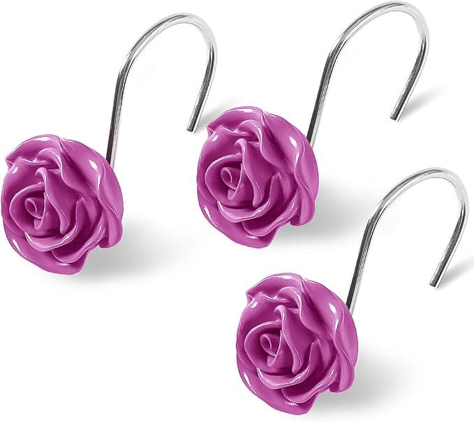 Litabel Rose Flower Shower Curtain Hooks 12PCS,Home Decorative Burgundy Rose Shower Curtain Hooks Metal Rustproof Cute Rose Flower Shower Hooks Rings Bathroom Shower Rods Decoration Accessories - ModernBath
