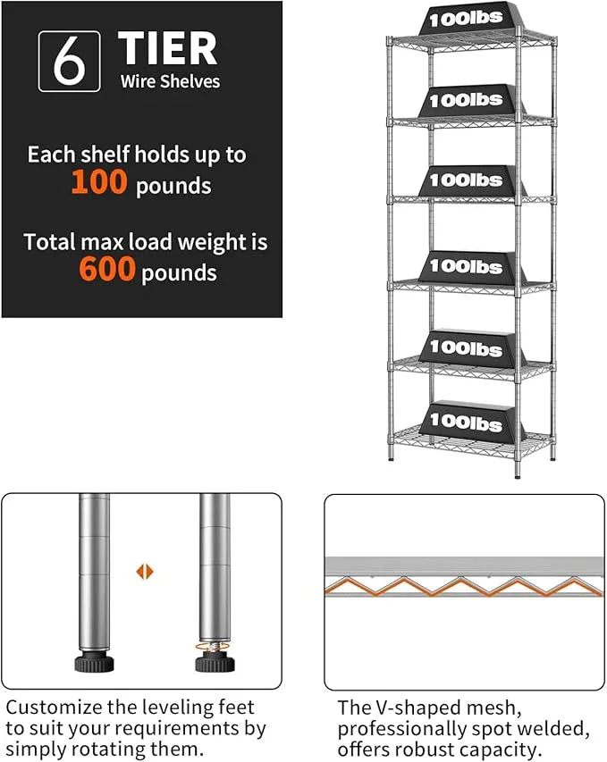 SINGAYE 6 Shelf Wire Shelving Unit Adjustable Metal Shelves Standing Bathroom Organizers and Storage Wire Closet Metal Pantry Kitchen 12" DX22 W 69.5" H Gray - ModernBath