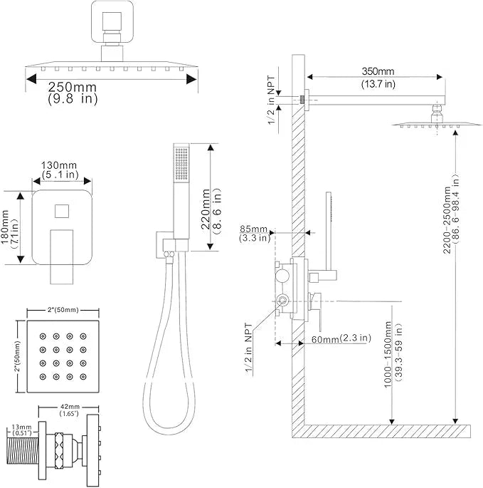 annazom Matte Black Shower Faucet Set with Body Jets 10 Inch Matte Black Shower Head Handheld Shower Combo Set High Pressure Wall Mount with Rough-in Valve - ModernBath