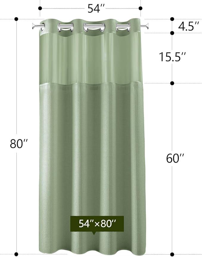 River Dream Sage Green Fabric Shower Curtain Set, Cotton Blend, Waffle Weave, with Snap in Replacement Liner，54 x 80 inches - ModernBath