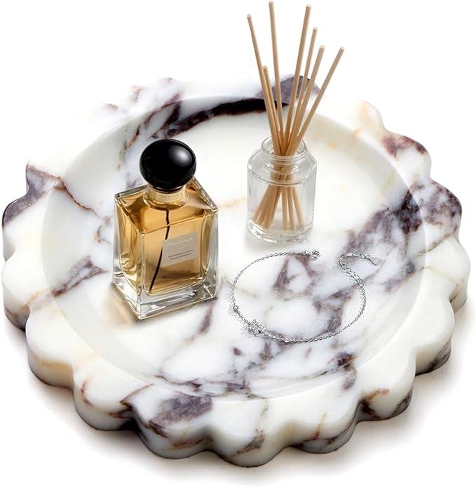 SAMAH Calacatta Viola Scalloped Marble Tray, Natural Marble Jewelry Dish, Luxury Decorative Trays for Bathroom, Vanity, Dresser, Kitchen & Home Decor, House Warming Gifts New Home (Round, 6.3Inch) - ModernBath