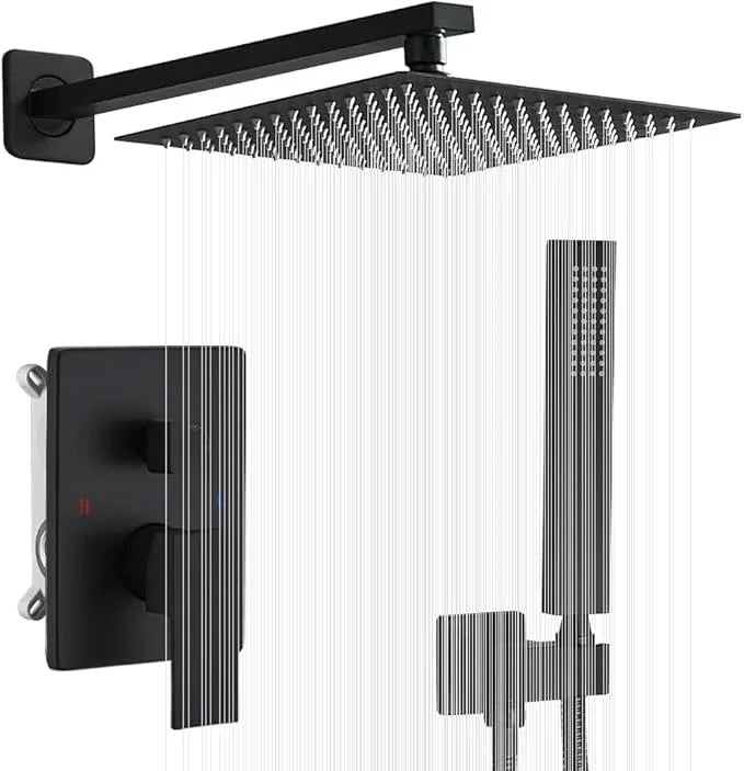 JingGang Matte Black Shower System 12 Inch Bathroom Luxury Rain Mixer Shower Combo Set Wall Mounted Rainfall Shower Head and Handheld System Shower Faucet Set Rough-in Valve Body and Trim Kit - ModernBath