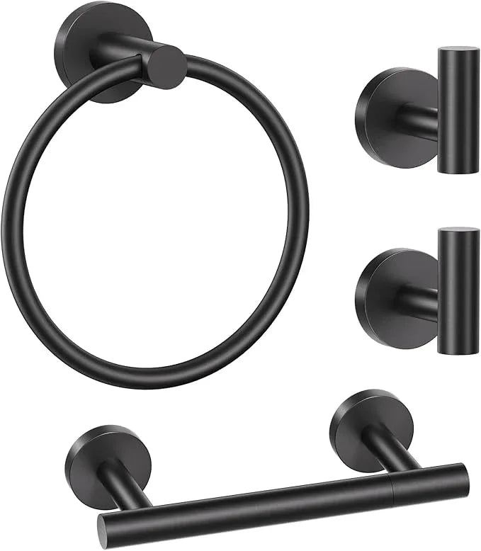 Black Bathroom Hardware Set, 4-Piece Towel Holder Set Include Double Bases Toilet Paper Holder,Towel Ring and 2 Towel Hooks Stainless Steel Wall Mounted Bathroom Hardware Accessories Set - ModernBath