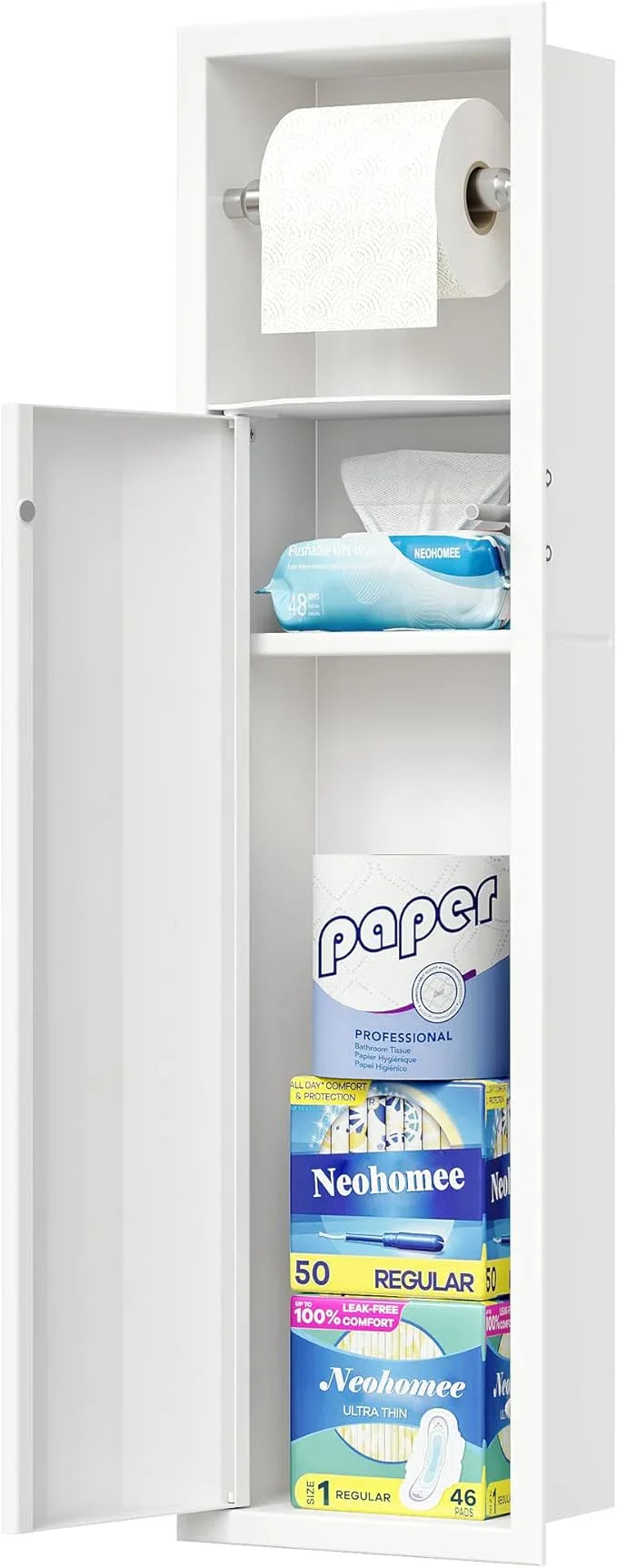 Neodrain Recessed Toilet Paper Holder, White Toilet Tissue Holder with Curved Door, 304 Stainless Steel Bathroom Storage Cabinet for Toilet Paper Roll, Perfect Depth for Amarica Drywall - ModernBath