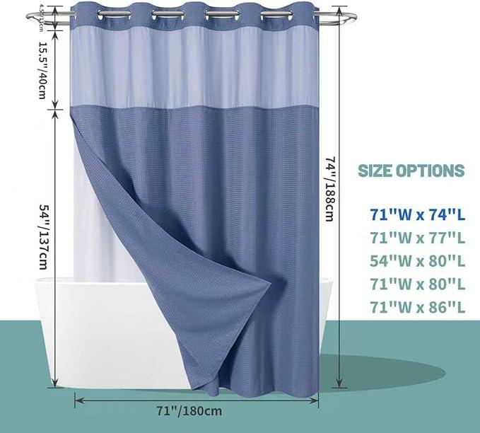 eachope MoonLightBlue No Hook Waffle Weave Shower Curtain with snap-in Liner Replacement, 230GSM Waterproof Fabric Hotel Shower Curtain Set for Bathroom, Through Mesh Top Window,71Wx74H - ModernBath