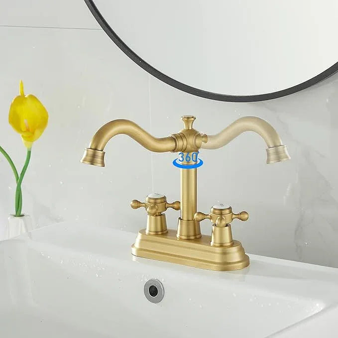 GGStudy Bathroom Faucet Antique Brass 2 Handles 4 Inches Centerset Bathroom Vanity with Drain Assembly and Supply Hose Lavatory Faucet - ModernBath