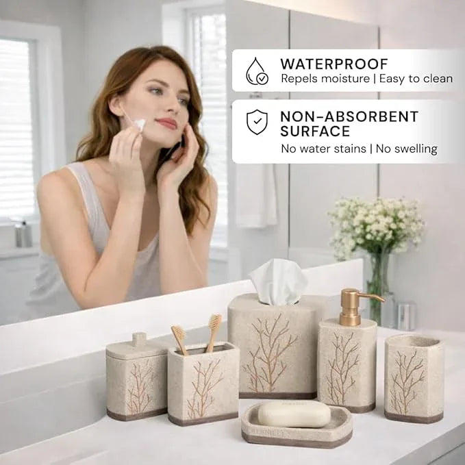 Decozen Bathroom Accessories Set 6Pcs – Soap Dispenser, Toothbrush Holder, Tumbler, Soap Dish & Cotton Swab Jar – Modern Bathroom Decor, Bath Set for Christmas Decor, Kent - ModernBath