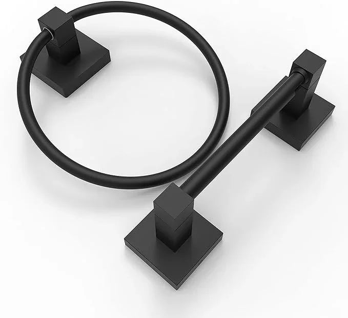 Ruacq Matte Black Toilet Paper Holder Towel Ring Bathroom Accessories Hardware Set Double Post Pivoting Toilet Roll Holder Square Stainless Steel and Zinc Alloy Modern Wall Mounted 2 Pieces - ModernBath