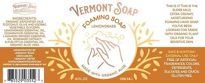 VERMONT SOAP Organic Lemongrass Zen Foaming Hand Soap - Natural Moisturizing Soap for Dry Skin - Fragrance Free Liquid Bathroom Hand Soap Dispenser - Lemongrass Zen - 12 oz - ModernBath