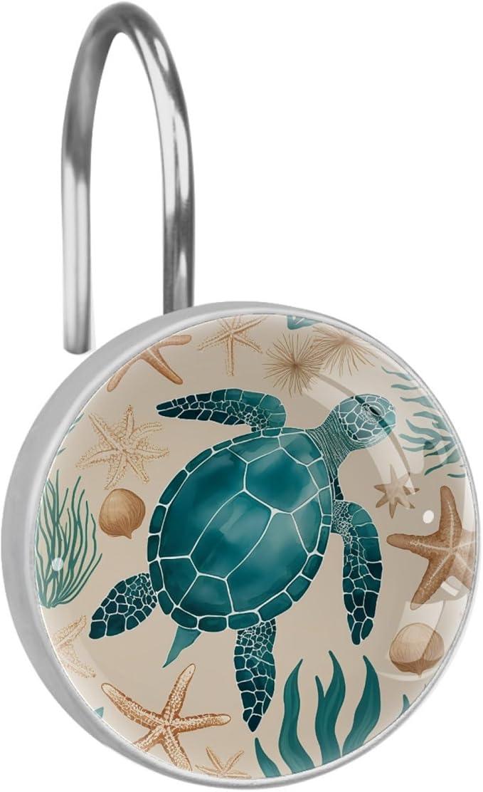 Vintage Nautical Ocean Turtle Shower Curtain Hooks, 12Pcs Decorative Rust Resistant Shower Rings for Shower Curtain Rods, Stainless Steel Round Curtain Hooks for Bathroom, Bedroom - ModernBath