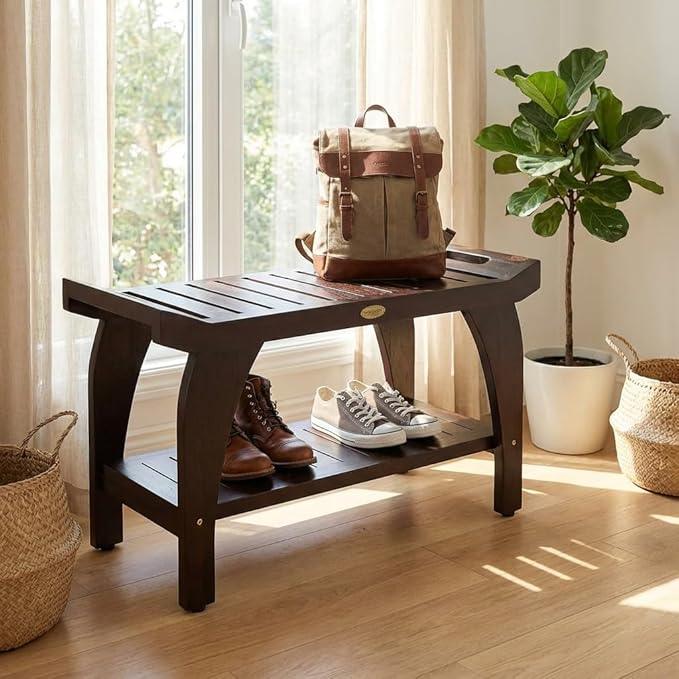DecoTeak Tranquiity 30 Inch Brown Waterproof Teak Wood Shower Bench Stool Seat Chair for Inside Shower Provides Safety, Storage, and Organization for Bathroom Accessories - ModernBath