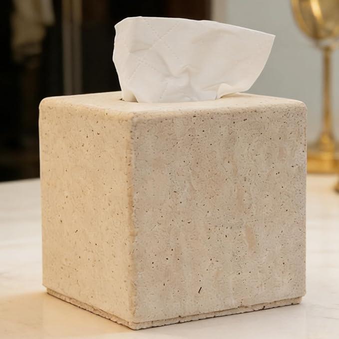 Travertine Tissue Box Cover, Heavy Duty Nature Stone Tissue Box Holder, Decorative Luxurious Travertine Square Toilet Tissue Box for Bathroom, Bedroom, Living Room, Office - ModernBath