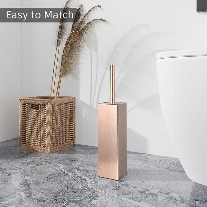 BGL Standing Toilet Brush and Holder Rose Gold Aluminium Toilet Bowl Cleaner Brush and Holder for Bathroom Storage and Organization, Square Design Sturdy and Space Saving - ModernBath