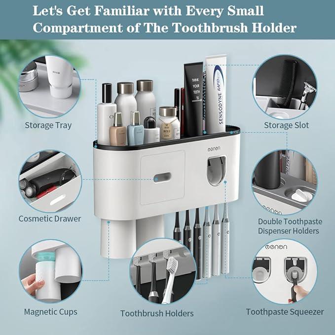BHeadCat Toothbrush Holders Wall Mounted, Toothbrush Holder with Automatic Toothpaste Dispensers, 6 Brush Slots, 2 Magnetic Cups,1 Cosmetic Drawer Organizer and 1 Large Storage Tray - ModernBath