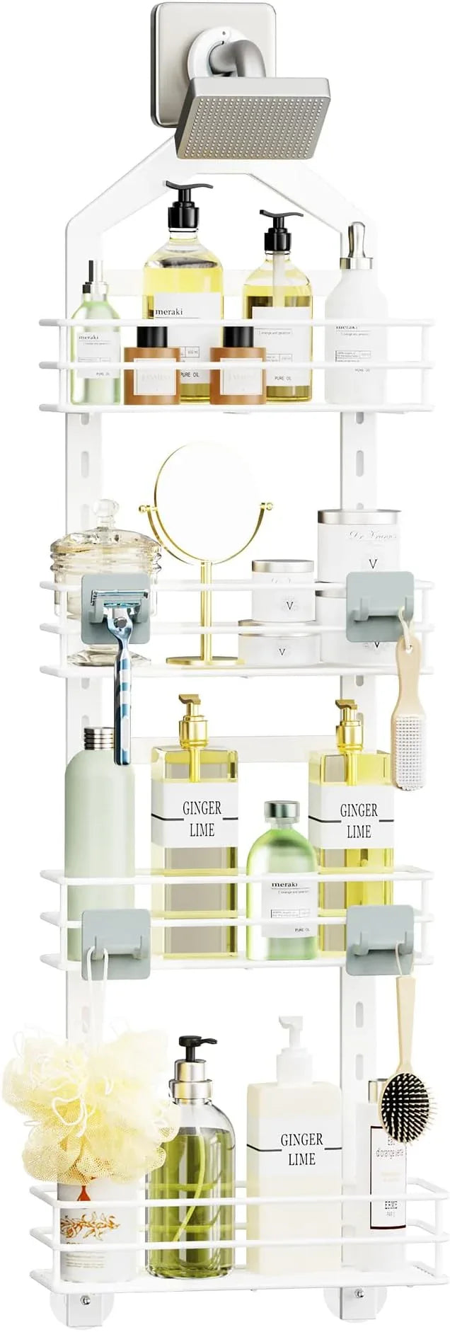 Orimade 4 Tier Adjustable Anti-slip Shower Caddy Over Shower Head, Rustproof Bathroom Hanging Organizer With 4 Hooks for Razor, No Drilling Shower Shelves Storage Rack, White - ModernBath