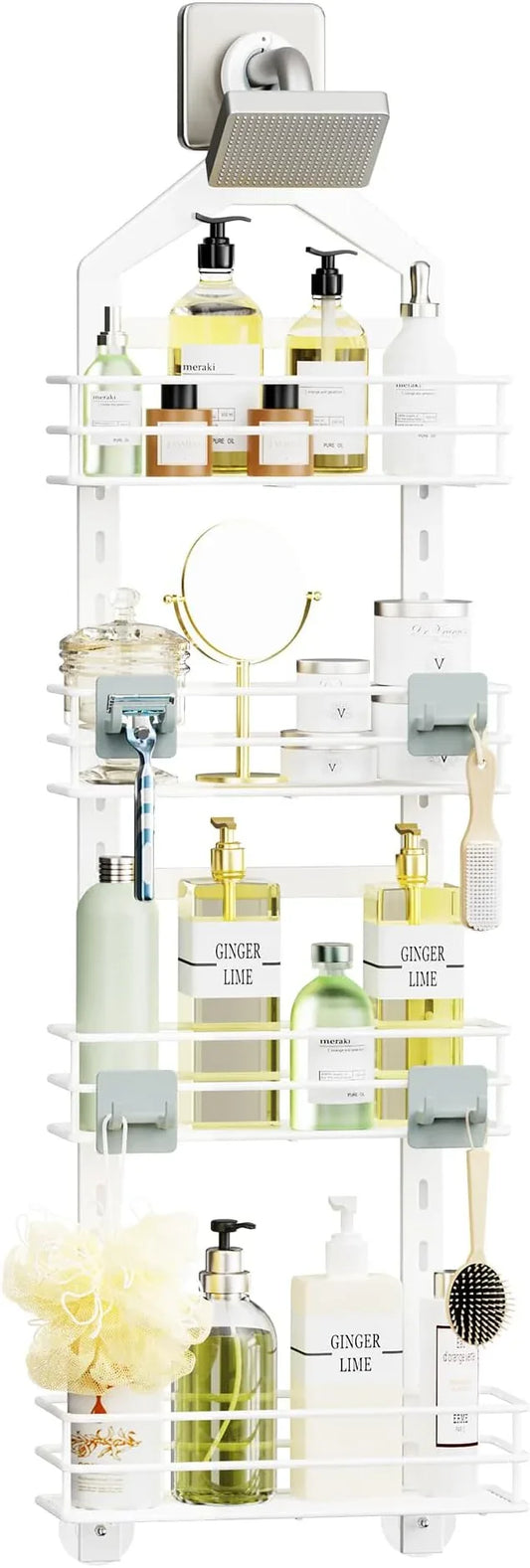Orimade 4 Tier Adjustable Anti-slip Shower Caddy Over Shower Head, Rustproof Bathroom Hanging Organizer With 4 Hooks for Razor, No Drilling Shower Shelves Storage Rack, White - ModernBath