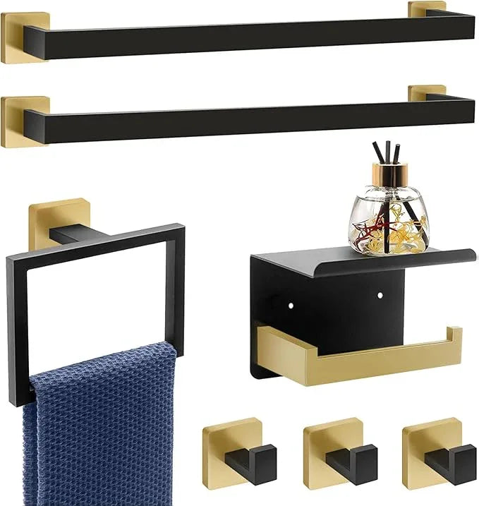 7-Piece Bathroom Set - Black & Gold Accessories Set - Square Towel Bar 2x23'', Hand Towel Rack, Toilet Paper Holder, 3x Towel Hook, Bathroom Hardware - ModernBath
