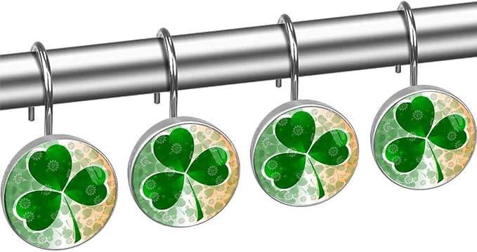 St. Patrick's Day 12pcs Clover Shower Curtain Hooks, Decorative Shower Curtain Hanger Rings Roller, Stainless Steel Round Shower Rings Hangers for Bathroom - ModernBath