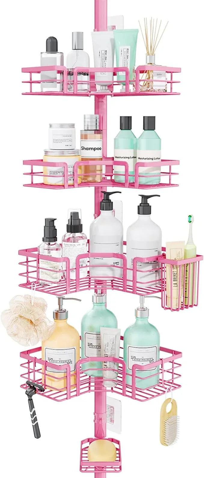 SWTYMIKI Shower Caddy Tension Pole - 4-Tier Corner Shower Organizer Tension Rod with Soap Holder, Toothbrush Holder & 4 Hooks, Adjustable Stainless Steel Bathroom Organizer 27.6 to 108.3 inch, Pink - ModernBath