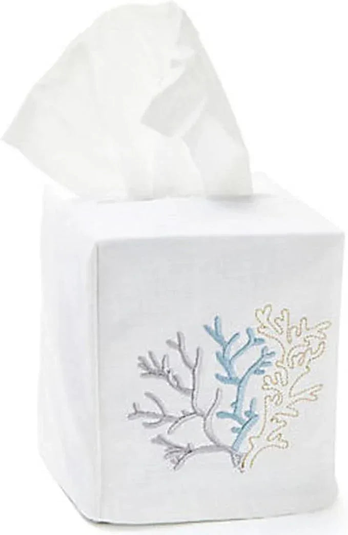 Jacaranda Living Square Tissue Box Cover, Linen/Cotton Fabric Tissue Holder, Decorative Cloth Tissue Cube Cover, Coastal Designs Coral (Duck Egg Blue) - ModernBath