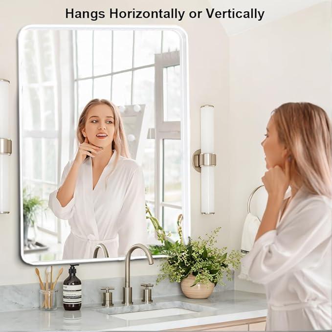 miroro White 20x30 Inch Metal Framed Mirror for Wall, Large Rounded Rectangle Mirror, Anti-Rust, Tempered Glass, Hangs Horizontally or Vertically - ModernBath