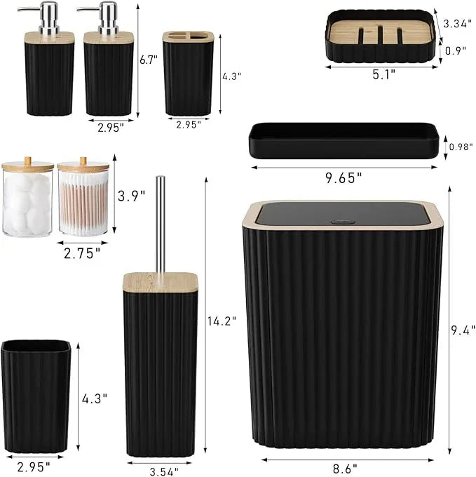 XLHOMO Bathroom Accessories Set - Elegant Black Bathroom Set, 10PC Bathroom Accessory Set, Toilet Brush, Trash Can, Qtip Holder Dispenser & Soap Dispenser - ModernBath