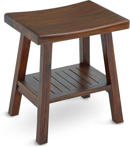 StrongTek Teak Shower Stool with Storage Shelf, 18-Inch Solid Teak Wood Bath Seat Bench, Ergonomic Curved Seat, Easy Assembly, Water-Resistant, 350 lbs Capacity, Ideal for Bathroom, Spa & Home Use - ModernBath