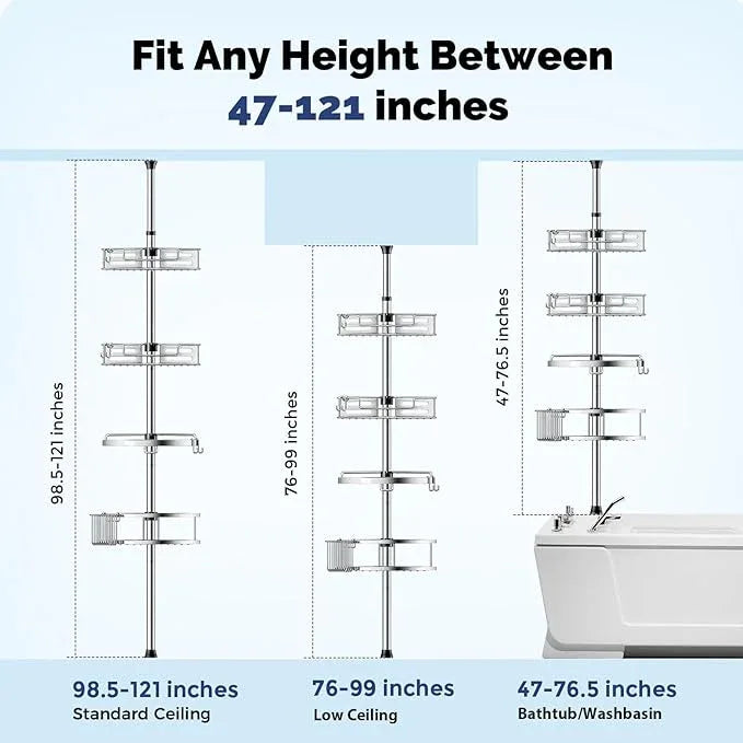 HAMITOR Corner Shower Caddy Tension Pole: Quick Installation 4-Tier Rustproof Bathroom Organizer Shelves for Bathtub Shampoo Storage - 47-121 inch Adjustable Floor Standing Bath Rack Holder - Silver - ModernBath