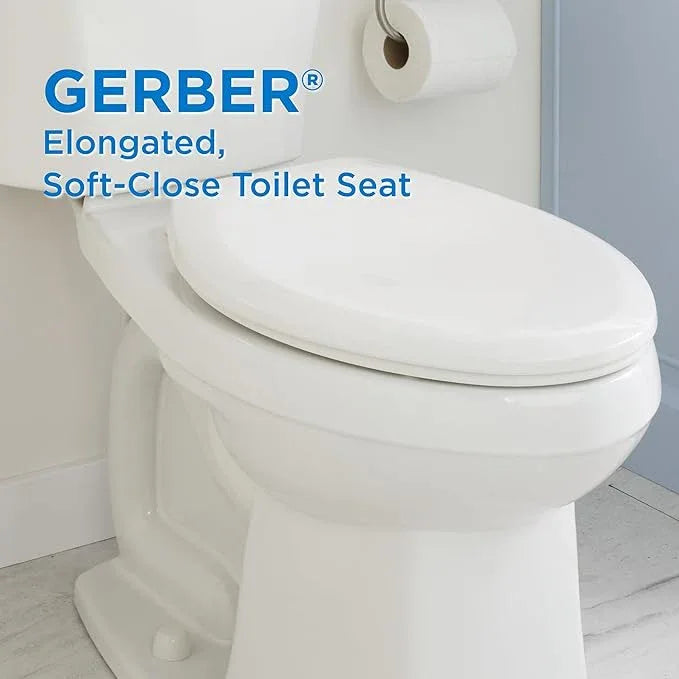 Gerber Universal Elongated Toilet Seat with Cover, Soft Close, Top Mount, Easy Install, Heavy-Duty Plastic, Adjustable Fit for Standard Elongated Toilets, Fade-Resistant, White G0099849 - ModernBath