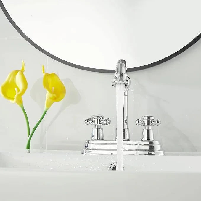 GGStudy Polished Chrome Bathroom Faucet 2 Handles 4 Inches Centerset Bathroom Vanity with Drain Assembly and Supply Hose Lavatory Faucet - ModernBath