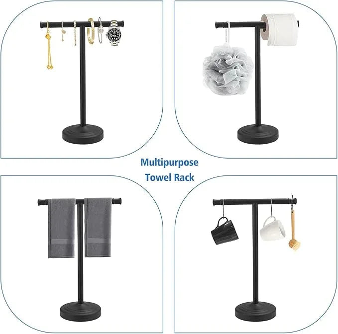 RUMOSE 13 Inch Matte Black Towel Stand Hand Towel Holder Bathroom Kitchen Vanity Countertop T-Shape Towel Rack Free Standing Stainless Steel Towel Bar Towel Ring - ModernBath