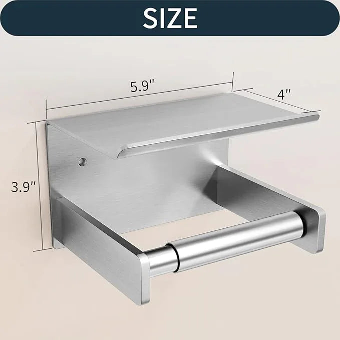 Toilet Paper Holder with Shelf, Toilet Paper Holder Wall Mount Adhesive for Bathroom Washroom RV with Spring Rod, Brushed Nickel - ModernBath