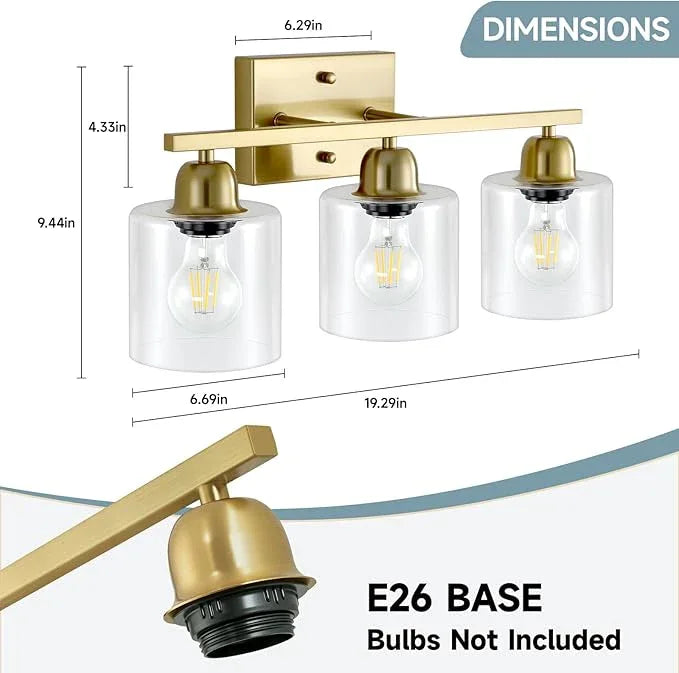 FAISHILAN Modern Brushed Gold 3 Light Bathroom Light Fixtures, 19 inch Vanity Lights for Bathroom with Clear Glass, Bathroom Lighting Fixtures Over Mirror for Mirror Kitchen Living Room - ModernBath