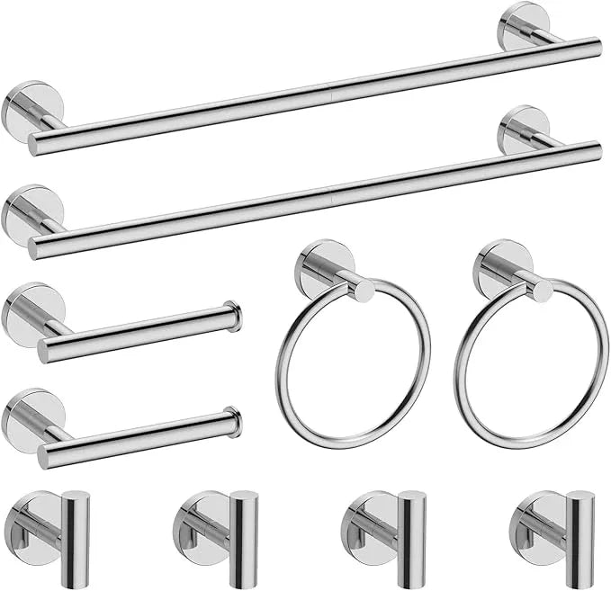 10-Pieces Bathroom Hardware Set, Includes 24 Inch Towel Racks for Bathroom Wall Mounted, Toilet Paper Holder, Towel Hooks for Bathrooms, Towel Rings for Bathroom Wall (Polished Chrome) - ModernBath