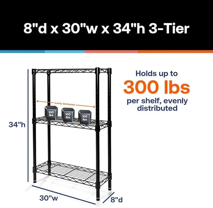 Shelving Inc. 4-Tier Black Epoxy Wire Shelving Unit, 8"D x 30"W x 34"H, Modern Industrial Style, 300 lbs Capacity Per Shelf - ModernBath