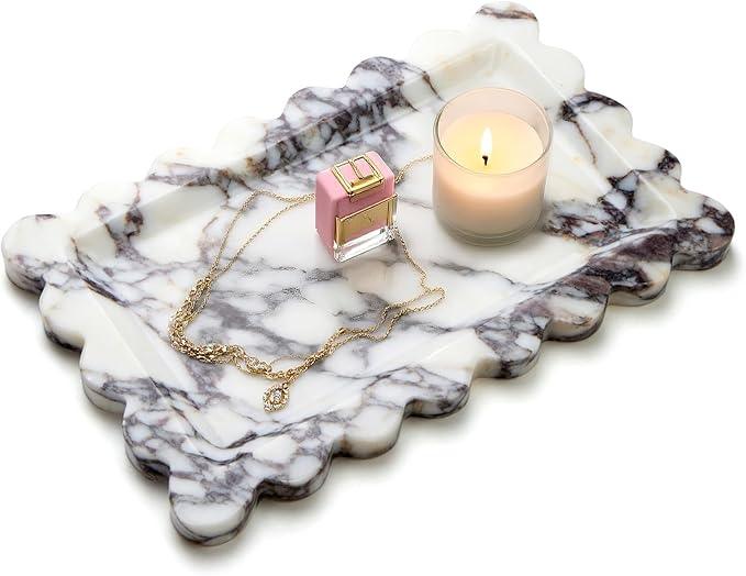 SAMAH Calacatta Viola Natural Marble Tray, Scalloped Bathroom Tray, Luxury Decorative Trays for Bathroom, Vanity, Dresser, Kitchen & Home Decor, House Warming Gifts New Home (Rectangle,12x7.4 Inch) - ModernBath