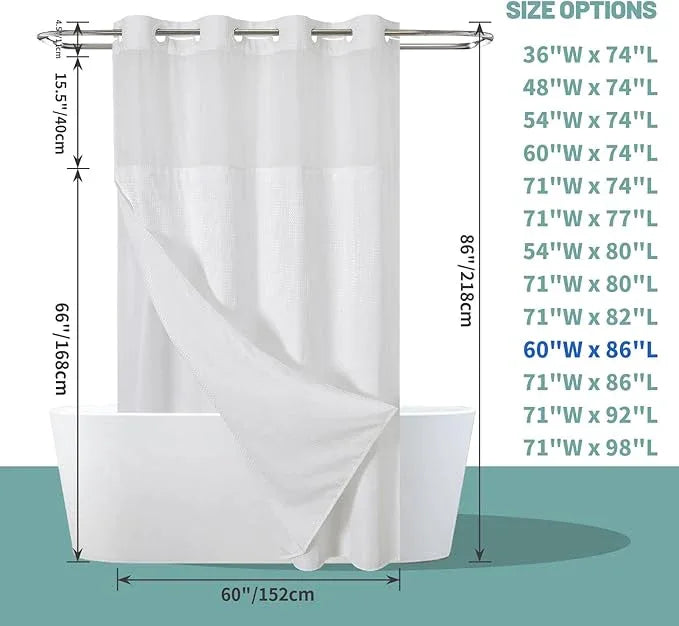 eachope White No Hook Waffle Weave Shower Curtain with snap-in Liner Replacement, 230GSM Waterproof Fabric Hotel Shower Curtain Set for Bathroom, Through Mesh Top Window,60Wx86H - ModernBath