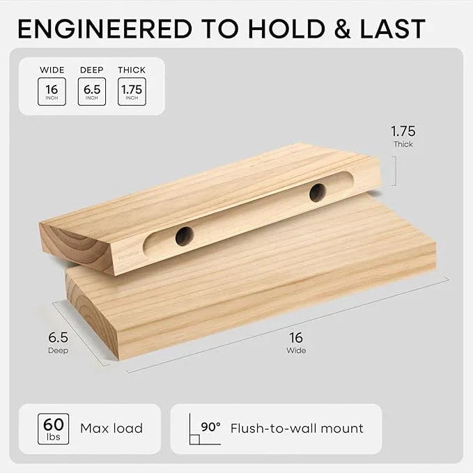Homeforia 16 inch Natural Floating Shelf, High End Solid Real Wood 16inch Small Floating Shelves for Wall Mounted, Natural Wooden Floating Shelves, Heavy Duty Bracket, 16 X 6.5 X 1.75 in, Set of 4 - ModernBath