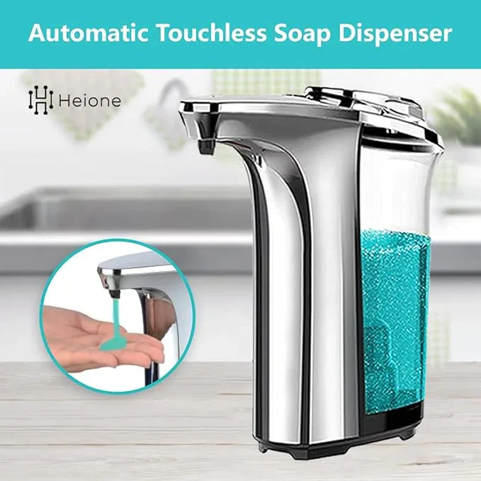 Heione Automatic Soap Dispenser Touchless - Battery Operated Sensor Liquid Soap Pump for Kitchen Sink & Bathroom - Silver Glossy Color, 5 Adjustable Levels, IPX4 Waterproof, 17oz / 500ml - ModernBath