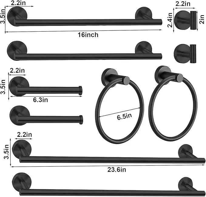 10Pcs Bath Towel Bar Set, Includes 23.6 & 16 Inch Towel Bars, Hooks, Rings & Toilet Paper Holder - Black - ModernBath