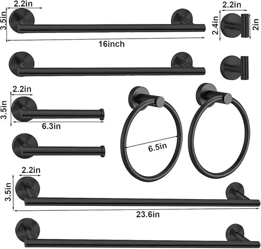 10Pcs Bath Towel Bar Set, Includes 23.6 & 16 Inch Towel Bars, Hooks, Rings & Toilet Paper Holder - Black - ModernBath