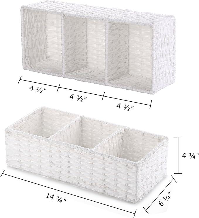 Vagusicc 3 Section Wicker Storage Basket, White Wicker Baskets for Storage, Toilet Tank Basket, Small Baskets for Organizing for Shelves, 2-Pack - ModernBath