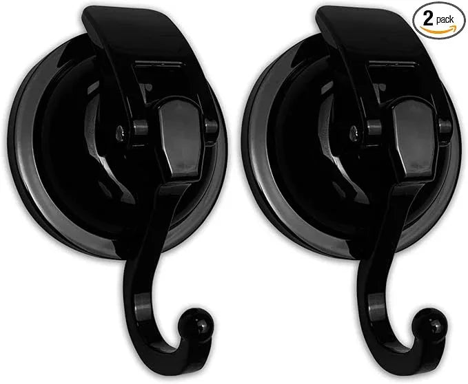 Heavy Duty Vacuum Shower Hooks - Glass Suction Cup Hooks, Reusable, No Hole Punched, for Bathroom Robe and Garland Decoration (Black, 2 Pack) - ModernBath