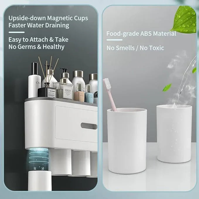 BHeadCat Toothbrush Holders Wall Mounted, Toothbrush Holder with Automatic Toothpaste Dispensers, 6 Brush Slots, 3 Magnetic Cups,1 Cosmetic Drawer Organizer and 1 Large Storage Tray - ModernBath