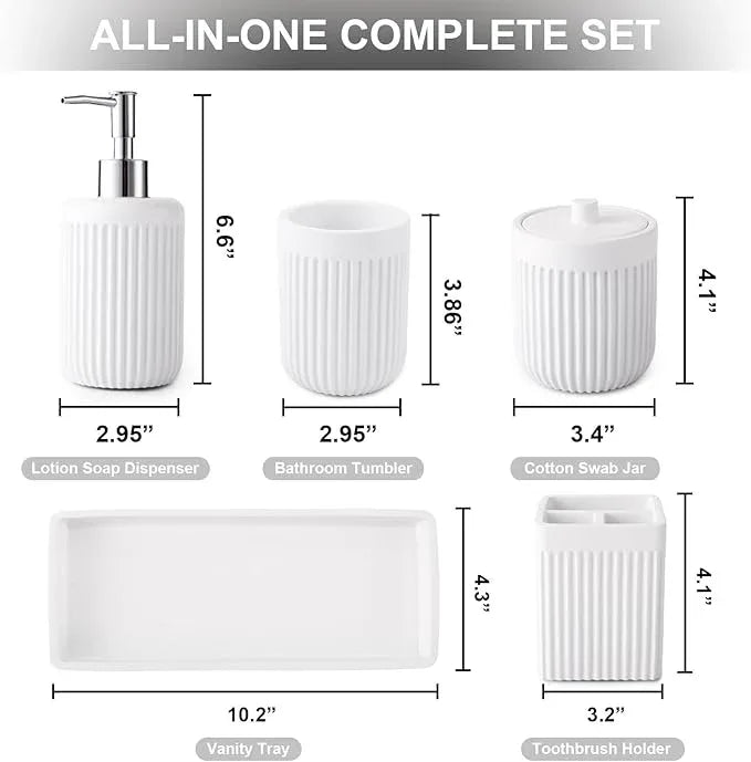XLHOMO Resin White Bathroom Accessories Set 5 Pcs, Lotion Soap Dispenser, Toothbrush Holder, Bathroom Tumbler, Qtip Holder and Vanity Tray, Bathroom Countertop Organizer Set for Modern Home Apartment - ModernBath