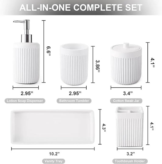XLHOMO Resin White Bathroom Accessories Set 5 Pcs, Lotion Soap Dispenser, Toothbrush Holder, Bathroom Tumbler, Qtip Holder and Vanity Tray, Bathroom Countertop Organizer Set for Modern Home Apartment - ModernBath